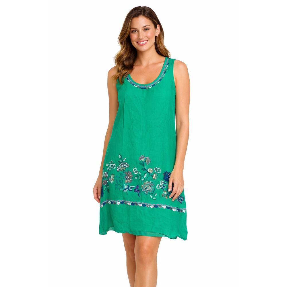 Johnny Was Women's Linen Embroidered Mixed Media Tank Dress Green Size S NWT